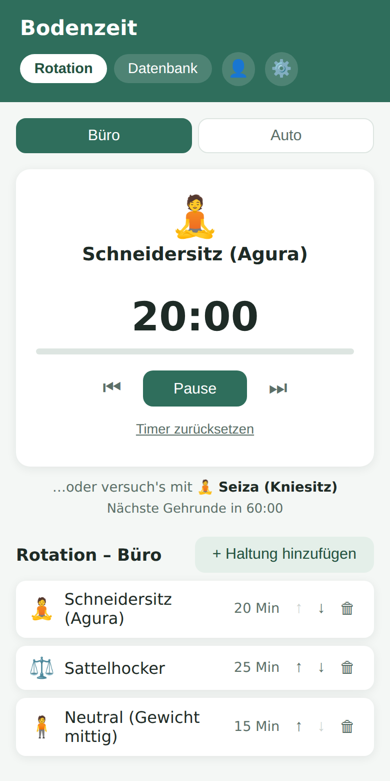 PostureShift-timer med pågående rotasjon mellom skredderstilling, salstol og nøytral stående stilling